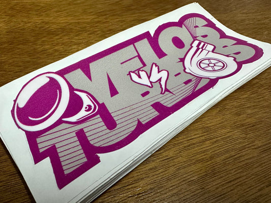 "Velos vs Turbos" Silver on Purple BG Sticker