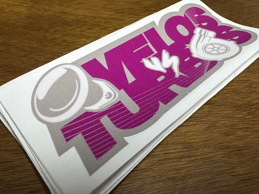 "Velos vs Turbos" Purple on Silver BG Sticker